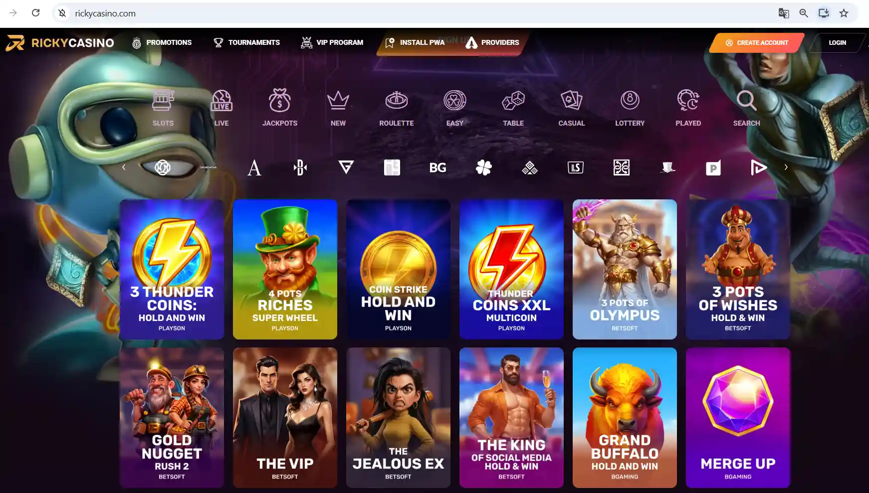 Ricky Casino public homepage shown in a desktop web browser