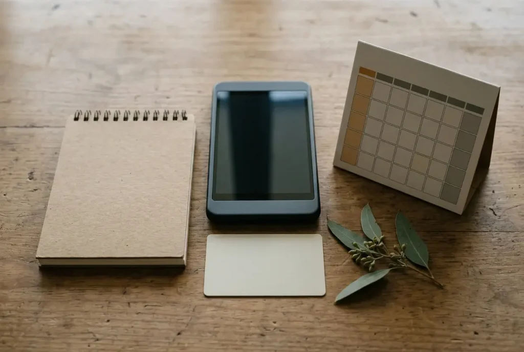 Closed paper notebook, blank identity-shaped card, neutral device and simple unmarked calendar on a desk
