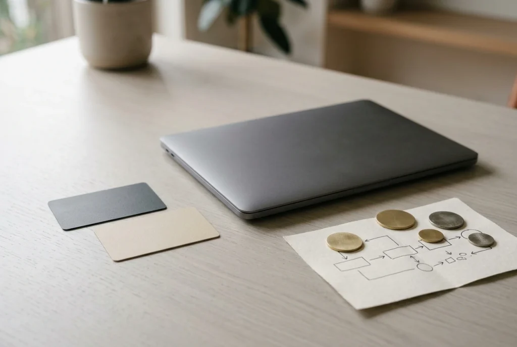 Blank payment cards and simple metallic digital-coin shapes arranged beside an unbranded laptop