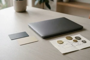 Blank payment cards and simple metallic digital-coin shapes arranged beside an unbranded laptop
