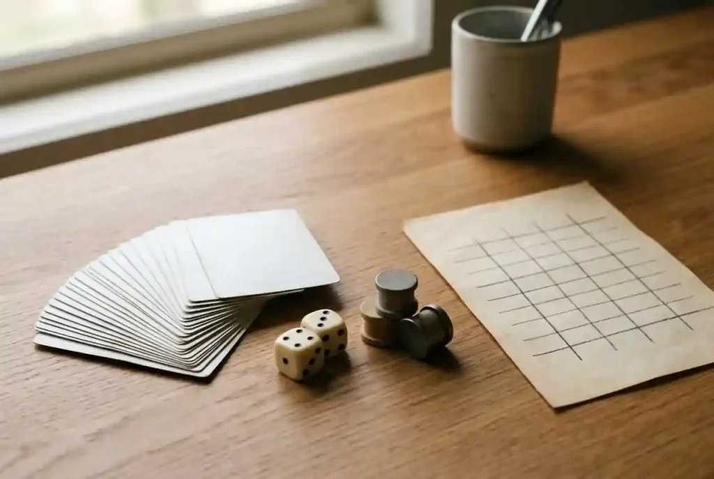 Unbranded playing cards, plain dice and abstract geometric reels arranged on a warm desk
