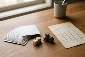 Unbranded playing cards, plain dice and abstract geometric reels arranged on a warm desk