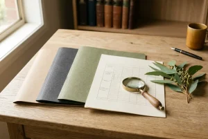 Plain document folders, a neutral register sheet and a magnifying glass arranged on a timber desk