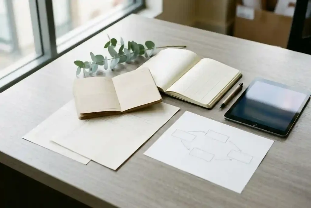 Unbranded paper calendar beside a neutral ledger, blank transfer diagram and small stack of plain documents