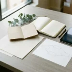 Unbranded paper calendar beside a neutral ledger, blank transfer diagram and small stack of plain documents