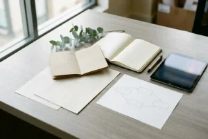 Unbranded paper calendar beside a neutral ledger, blank transfer diagram and small stack of plain documents
